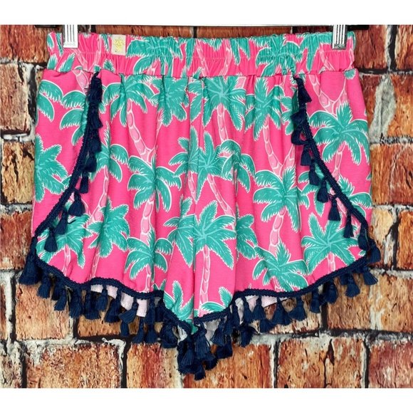 Simply Southern Tassel Palm Tree Printed Pink Green Shorts S/M - Picture 1 of 3